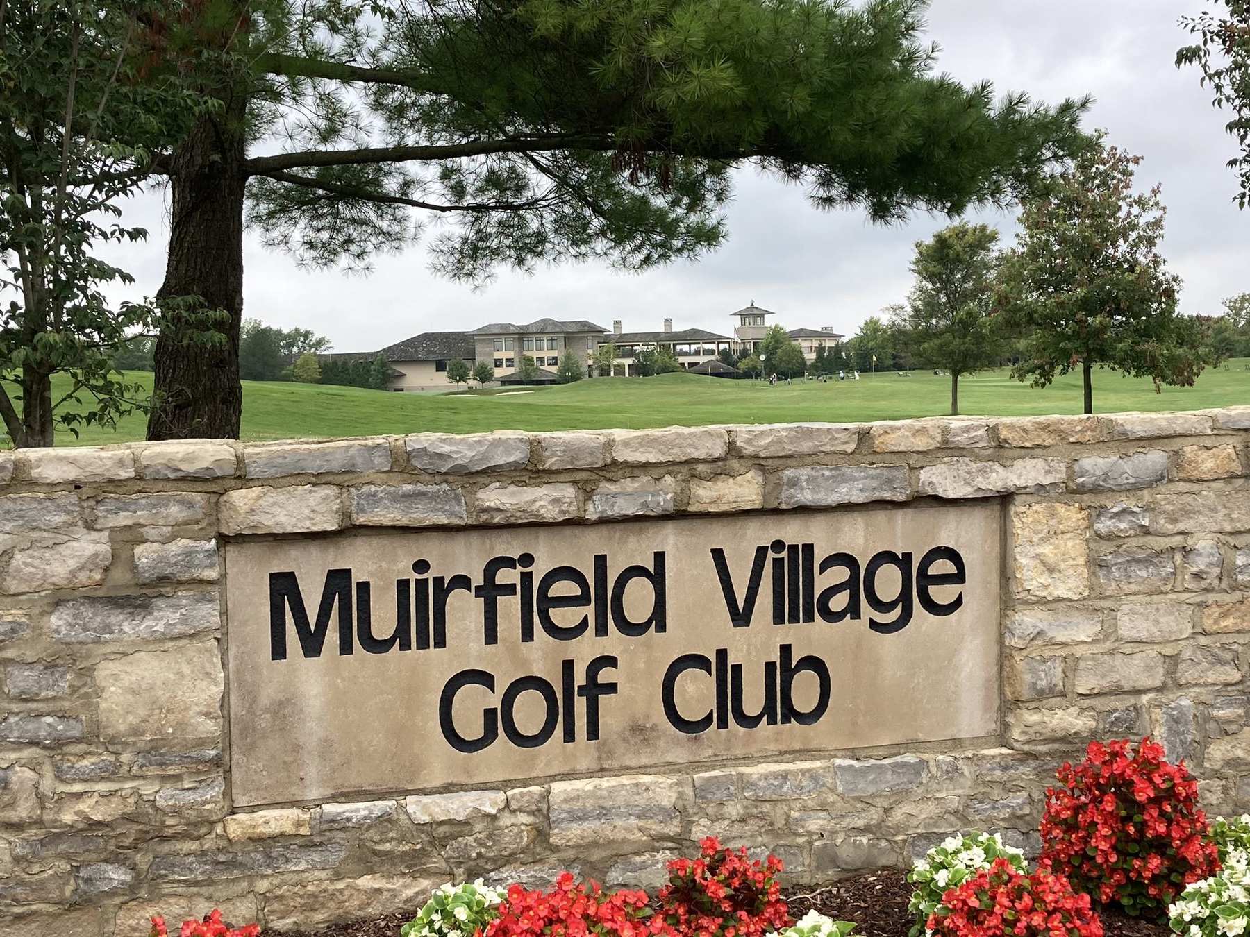 Entrance and clubhouse at Muirfield Village Golf Club in Dublin, Ohio
